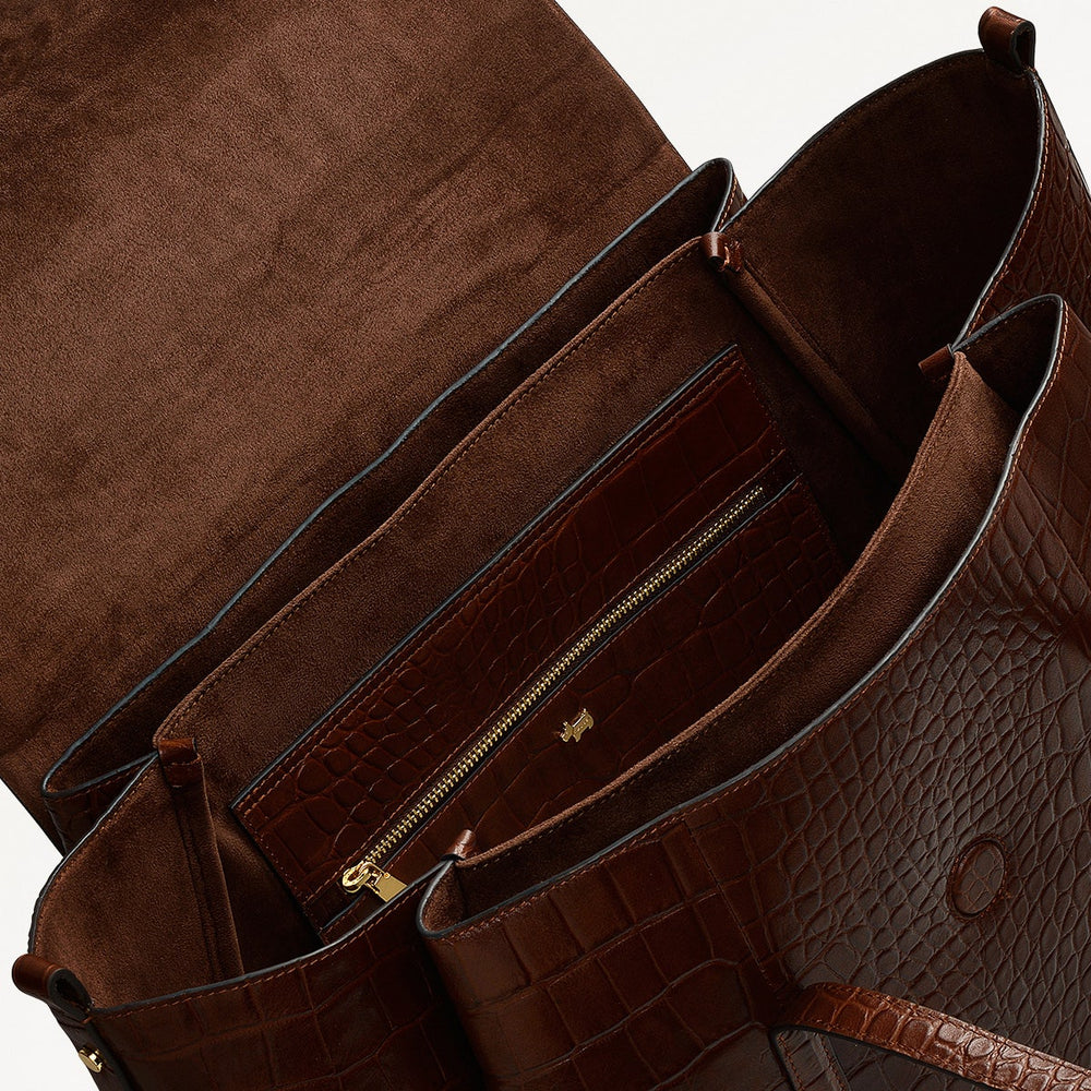 THE CHANCERY - FAUX CROC LARGE FLAPOVER SHOULDER WALNUT