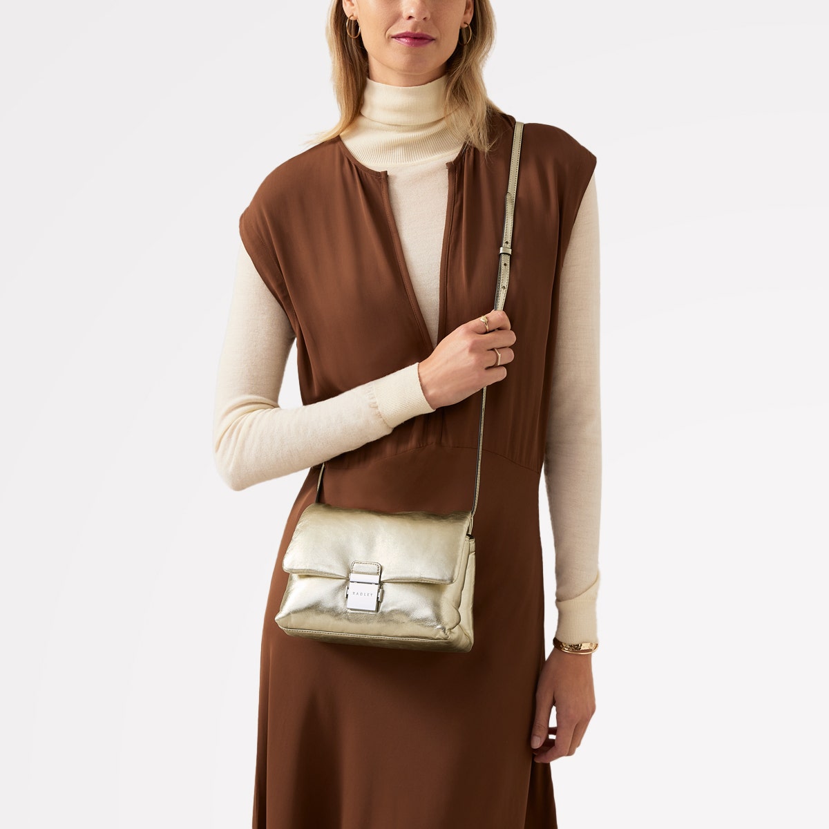 Bond Court Leather Small Flapover Crossbody Bag in Icy Gold - H2161717