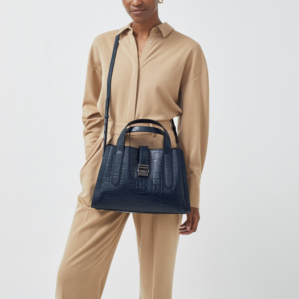 Sloane Street Leather Medium Ziptop Satchel Bag in Ink - H9209401