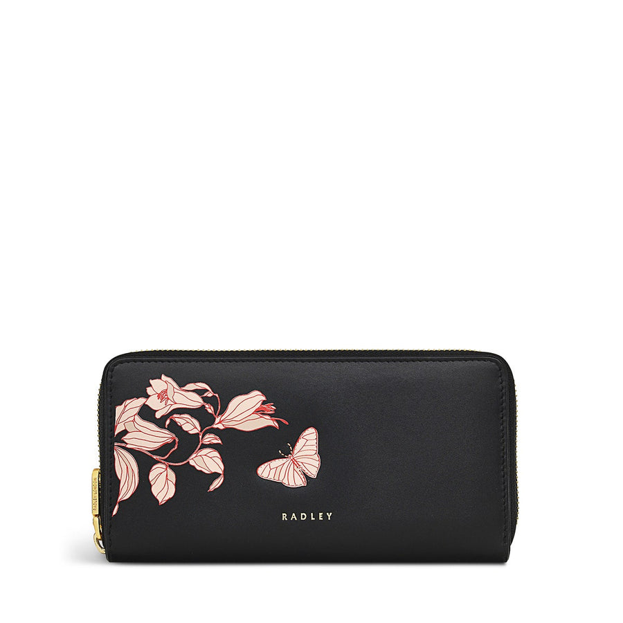 Butterfly Leather Large Zip Around Wallet in Black - S1866001