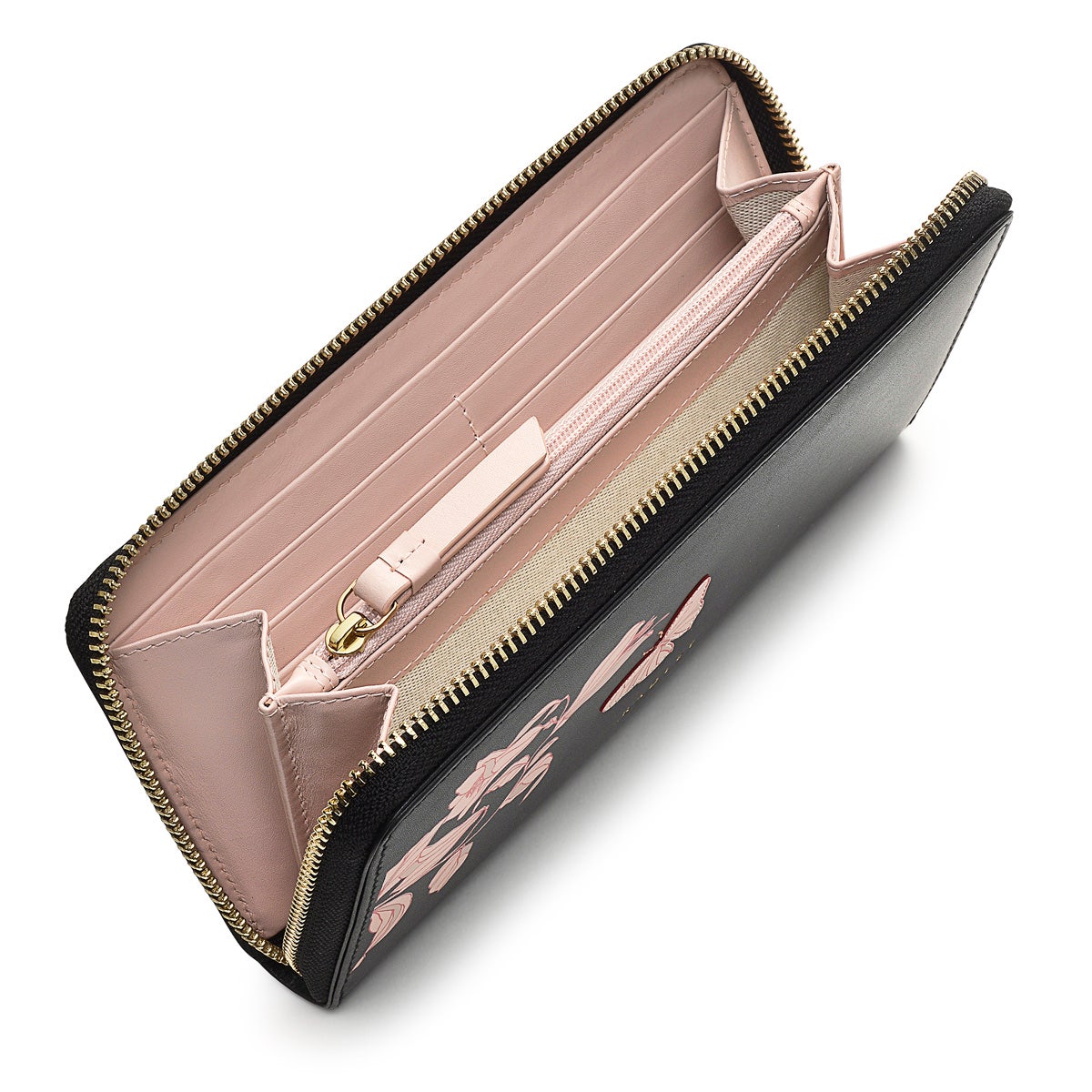 Butterfly Leather Large Zip Around Wallet in Black - S1866001