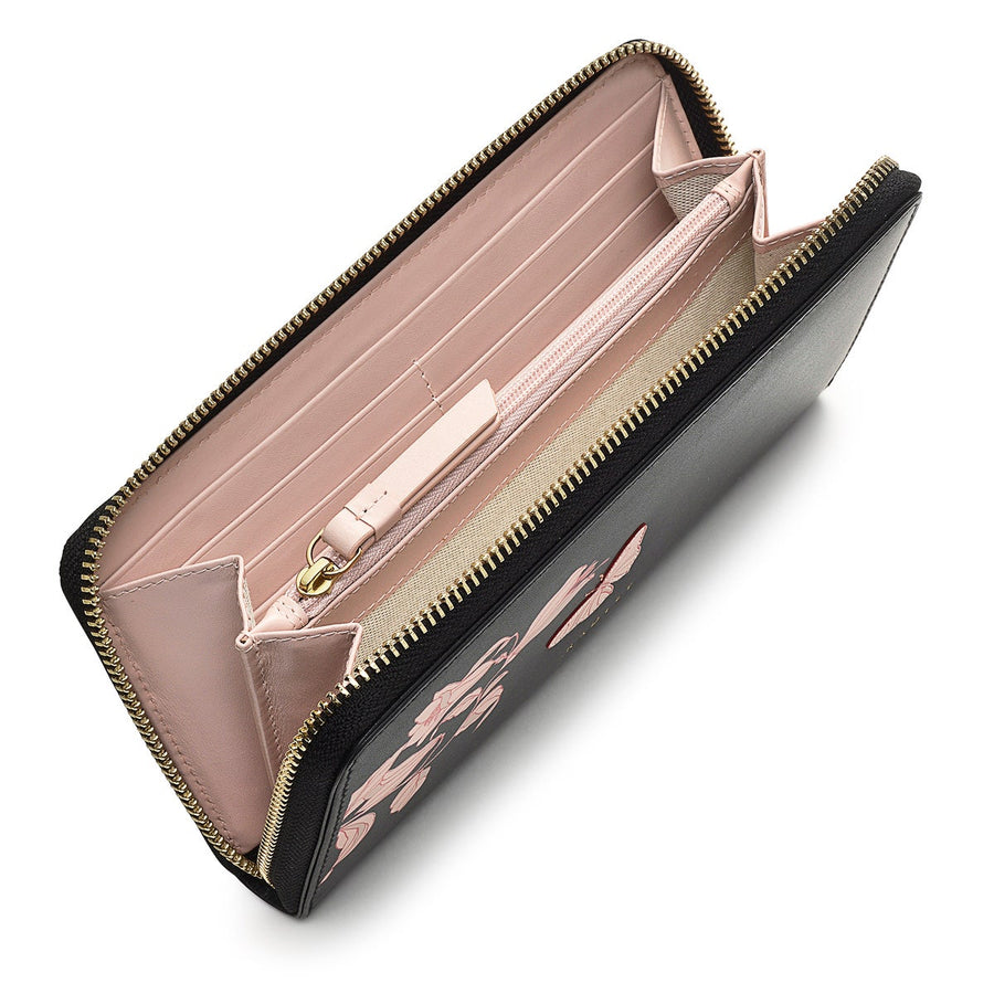 Butterfly Leather Large Zip Around Wallet in Black - S1866001