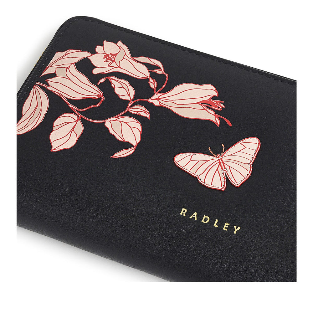Butterfly Leather Large Zip Around Wallet in Black - S1866001