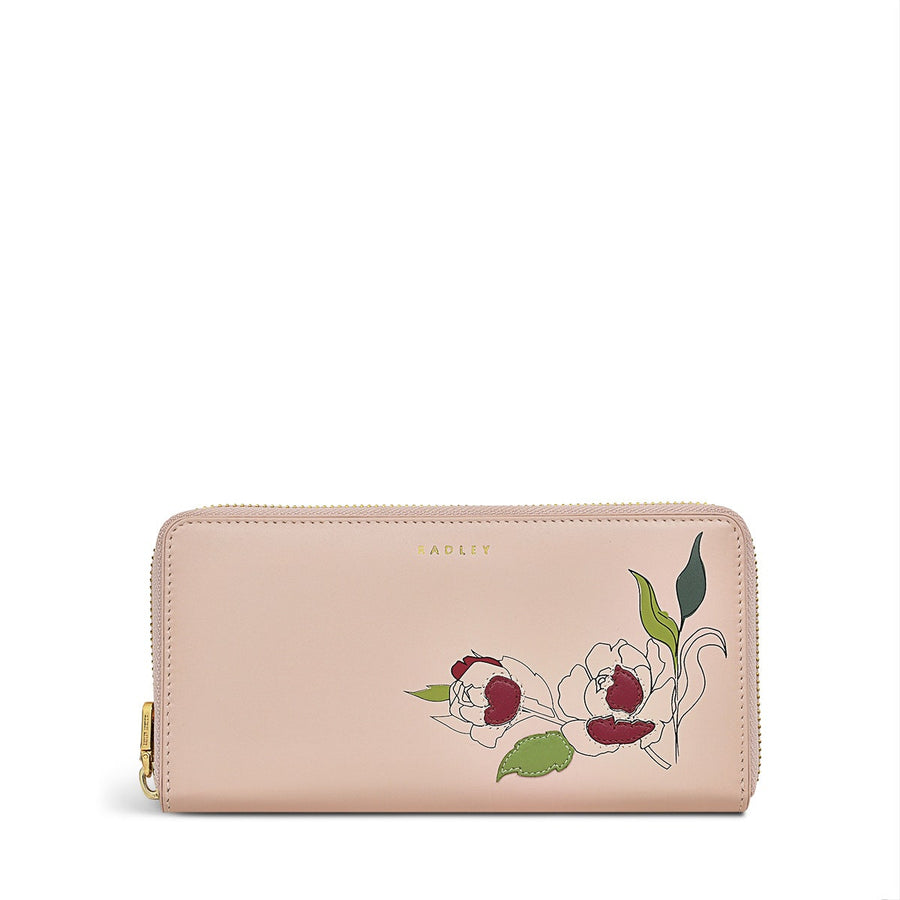 Wild Roses Leather Large Zip Around Wallet in Prairie Pink - S1874688