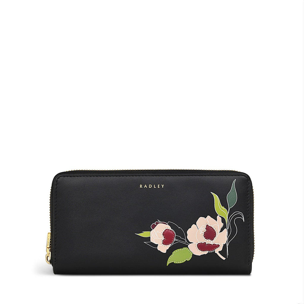 Wild Roses Leather Large Zip Around Wallet in Black - S1875001