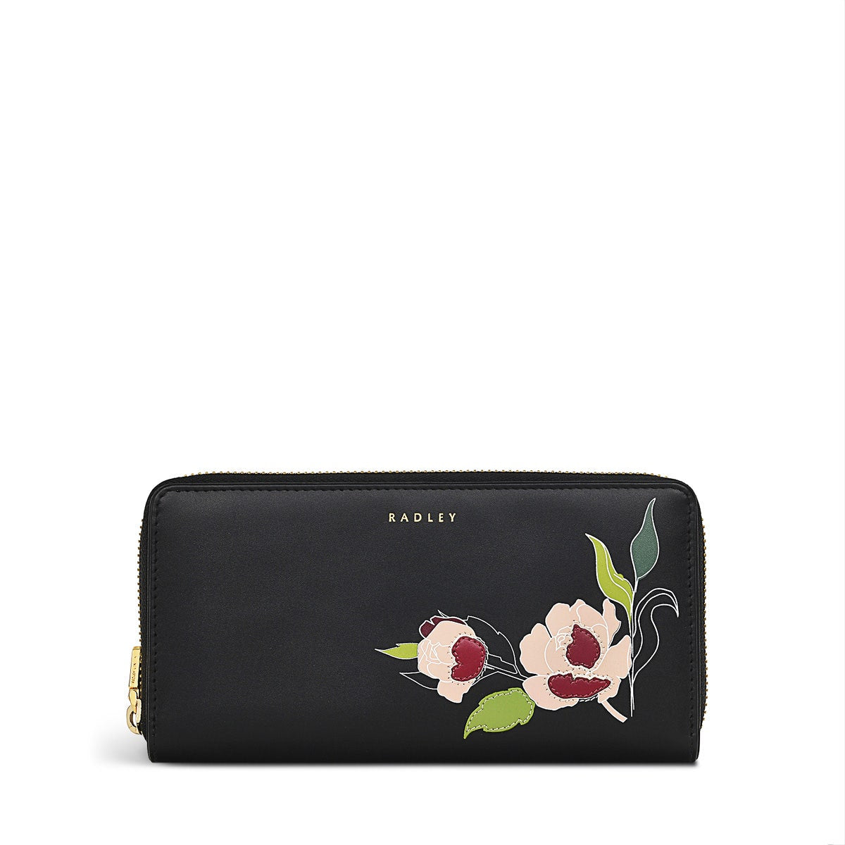 Wild Roses Leather Large Zip Around Wallet in Black - S1875001