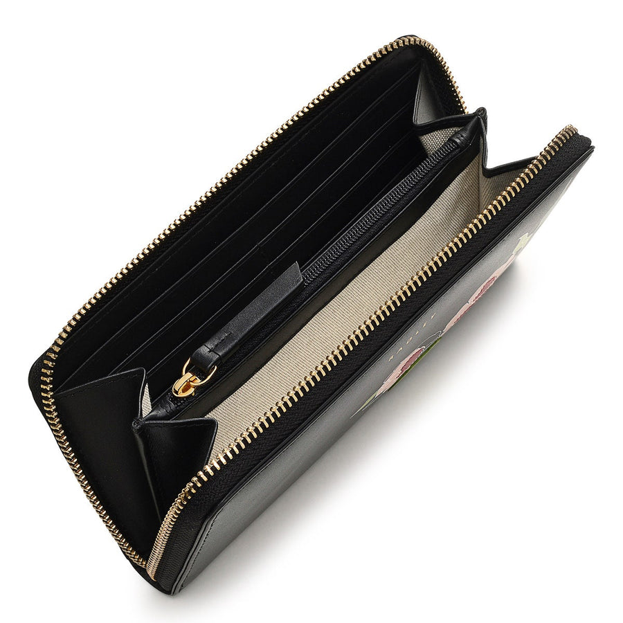 Wild Roses Leather Large Zip Around Wallet in Black - S1875001