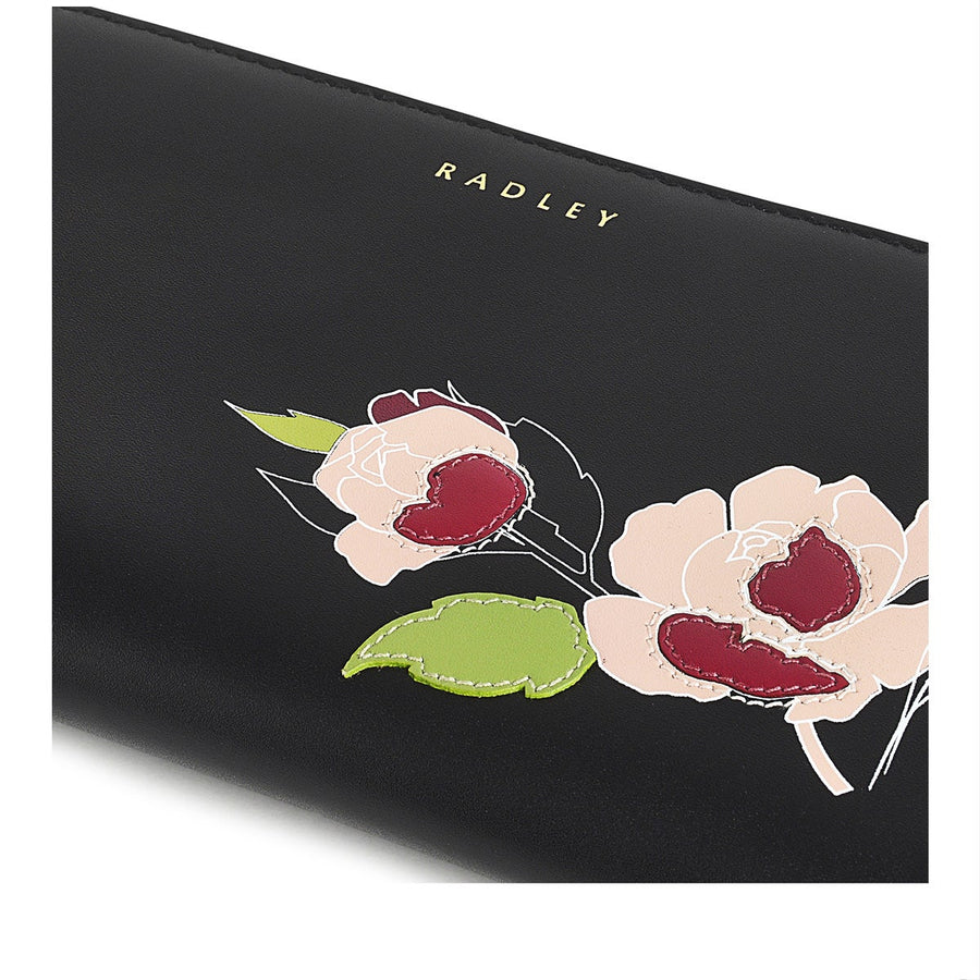 Wild Roses Leather Large Zip Around Wallet in Black - S1875001
