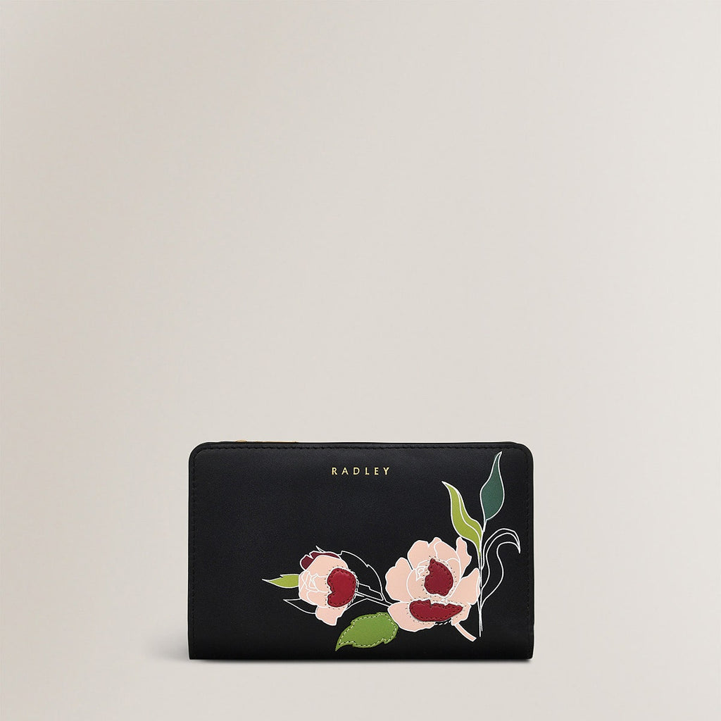 Wild Roses Leather Medium Bifold Wallet in Black - S1877001