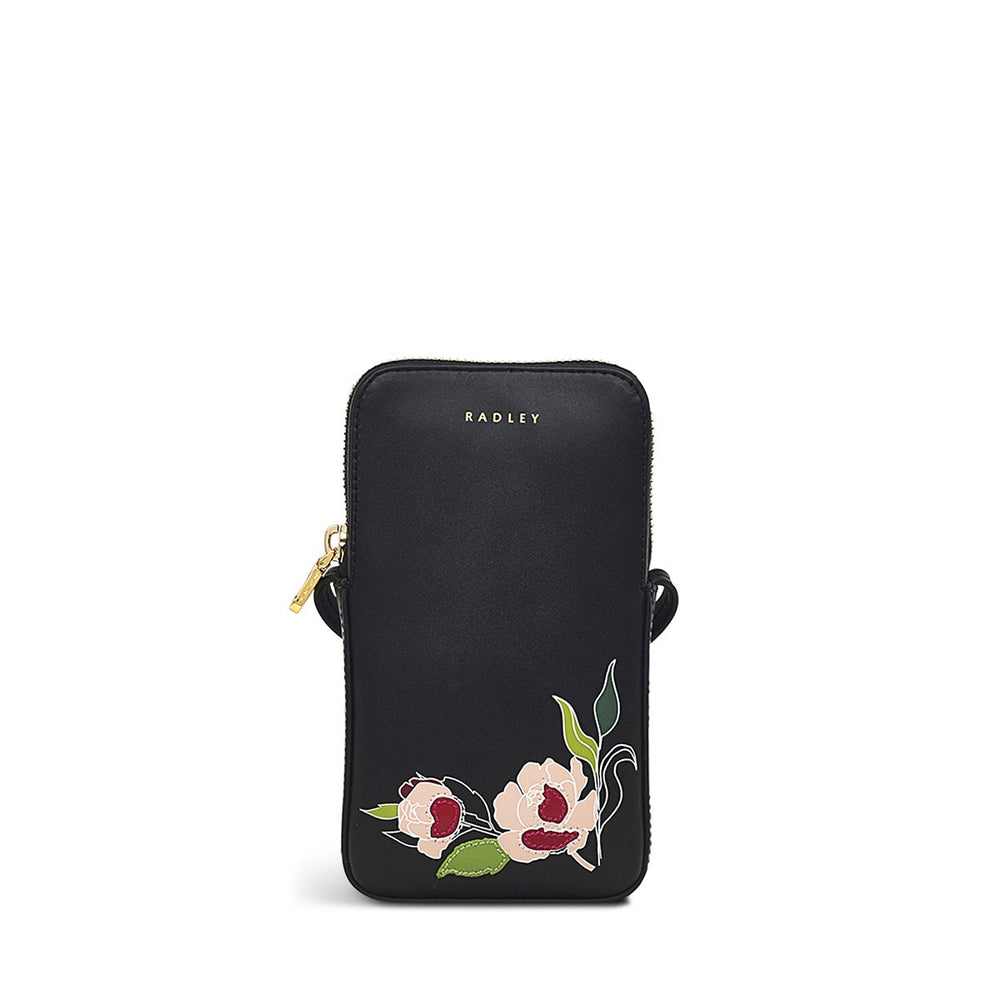 Wild Roses Leather Medium Phone Crossbody in Black - S1880001