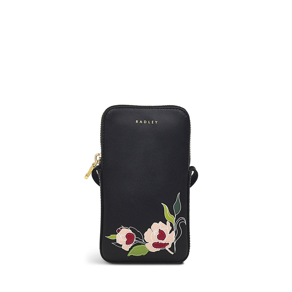 Wild Roses Leather Medium Phone Crossbody in Black - S1880001