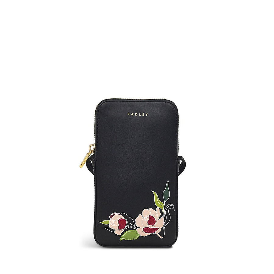 Wild Roses Leather Medium Phone Crossbody in Black - S1880001