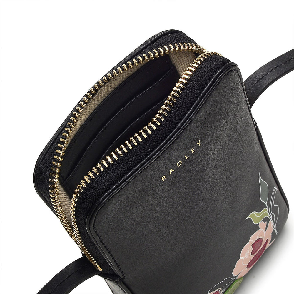 Wild Roses Leather Medium Phone Crossbody in Black - S1880001
