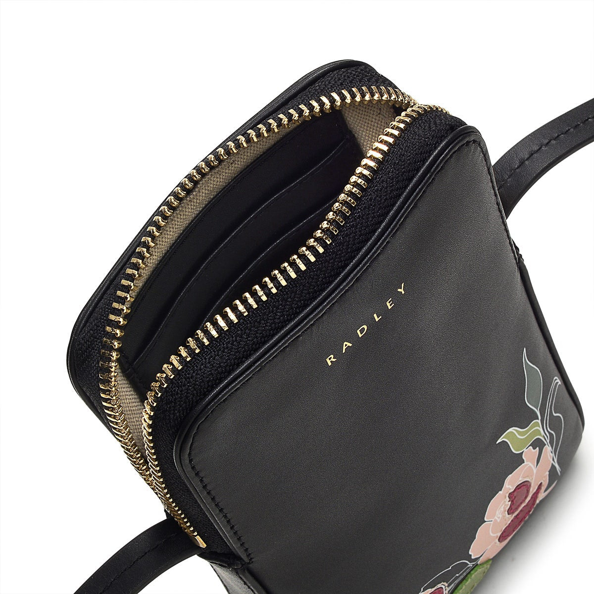 Wild Roses Leather Medium Phone Crossbody in Black - S1880001