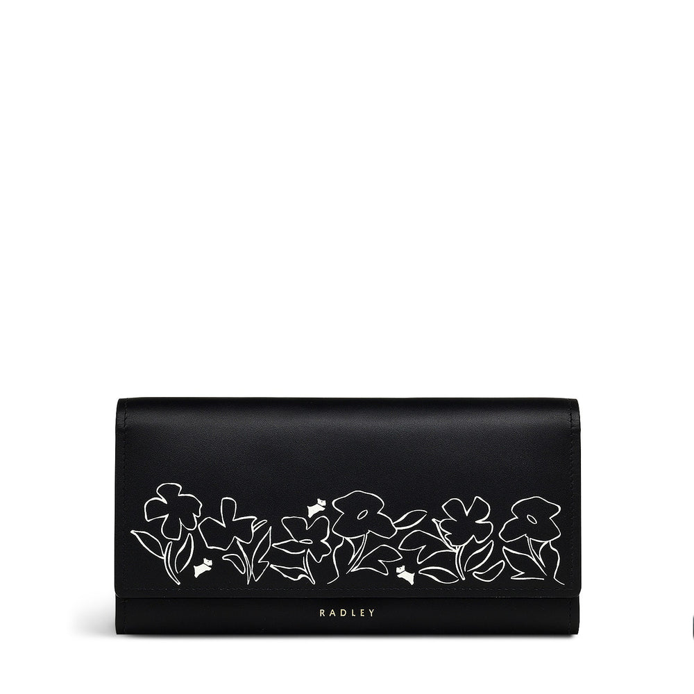 Linear Bloom Leather Large Flapover Wallet in Black - S2441001