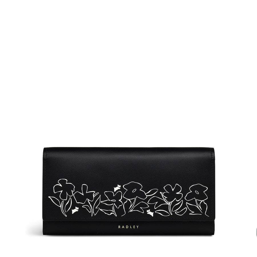 Linear Bloom Leather Large Flapover Wallet in Black - S2441001