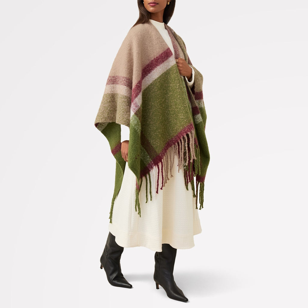 Fluffy Check Fabric Poncho in Pale Silt - S2520275