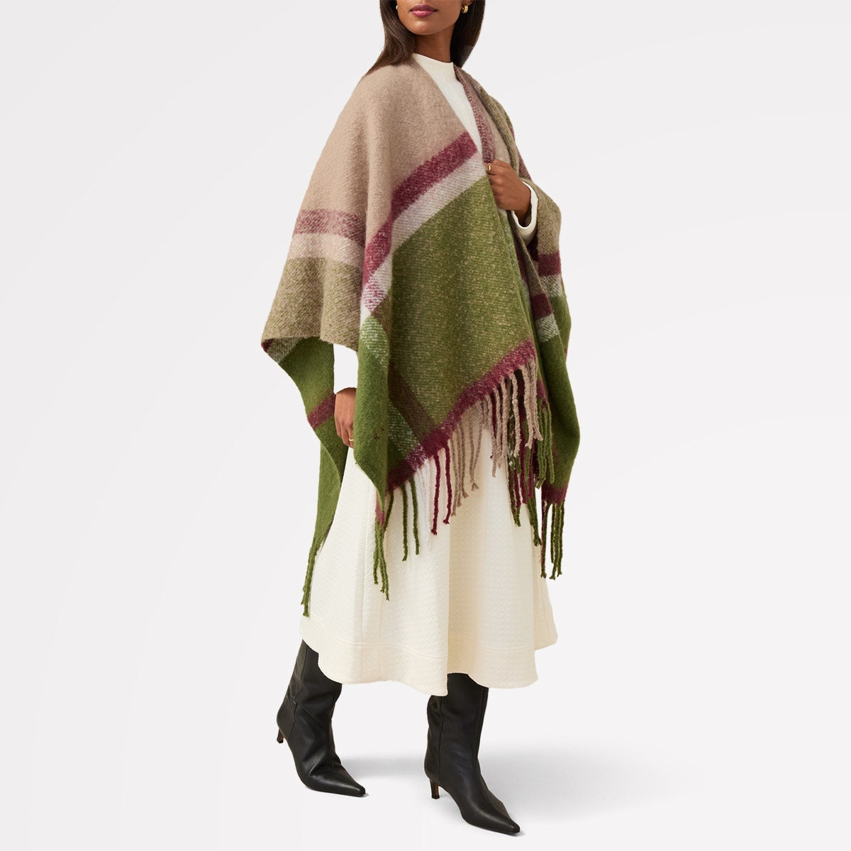 Fluffy Check Fabric Poncho in Pale Silt - S2520275